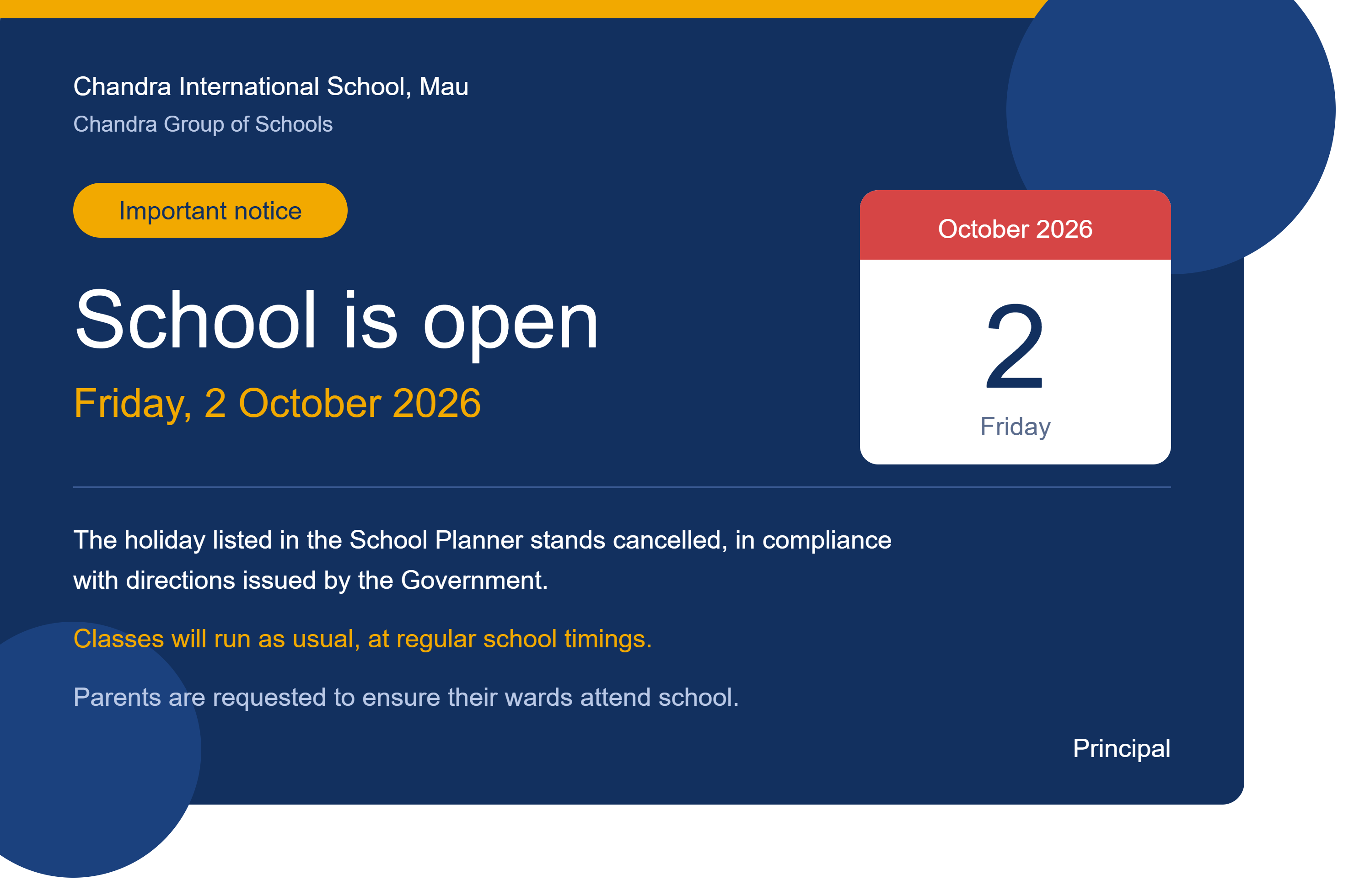 School Open Tomorrow